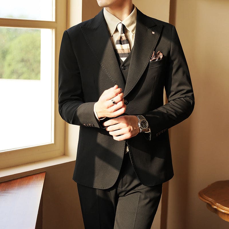 High-end Wedding Bridegroom Linen Three-piece Suit Black / M