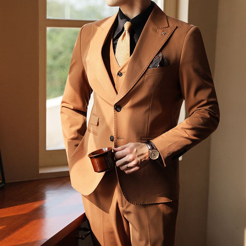 High-end Wedding Bridegroom Linen Three-piece Suit Caramel