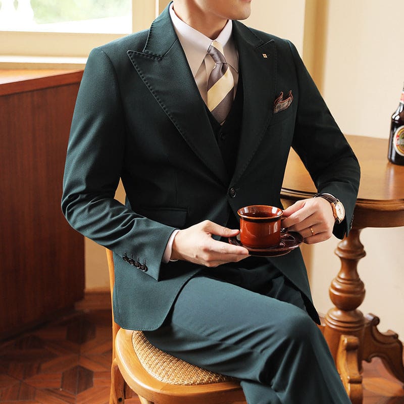 High-end Wedding Bridegroom Linen Three-piece Suit Green / M