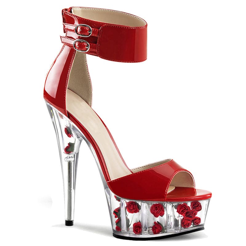 High Heel Ankle Strap Shoes With Rose Filled Transparent