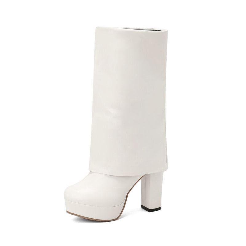 High Heel Fold Over Side Zip Mid-leg Boots In Plus Sizes Ideal For Drag/trans - Pleasures and Sins