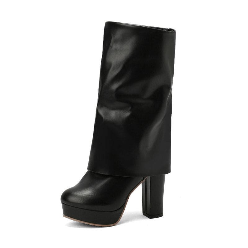 Black leather high-heeled boot with a wide shaft and platform sole.