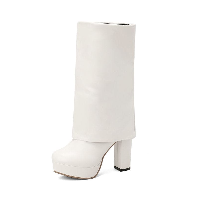 White high-heeled boot with an unusually tall shaft extending above the ankle.