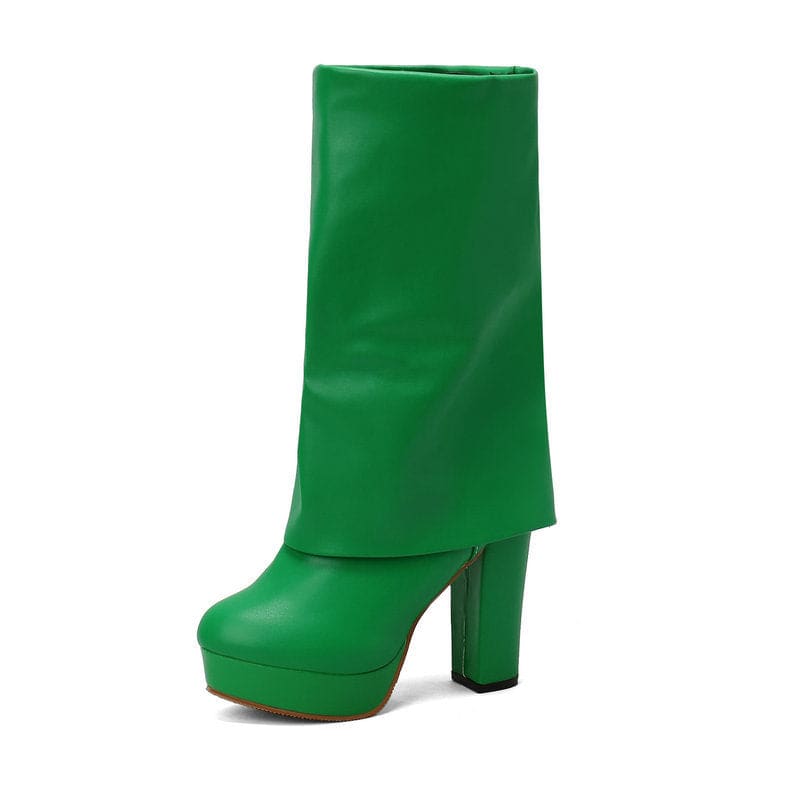 Bright green high-heeled boot with a wide folded cuff and platform sole.