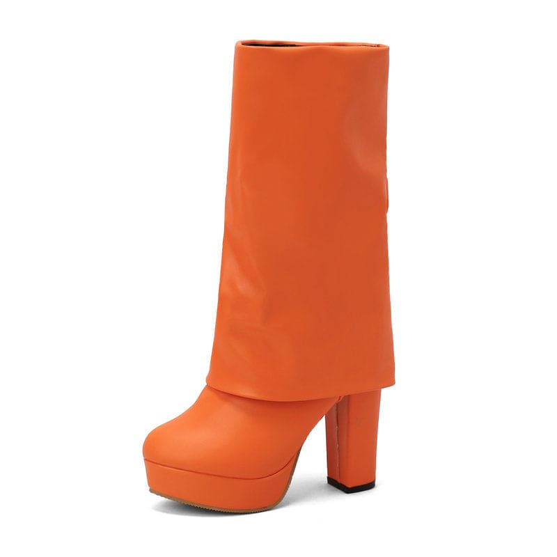 Bright orange high-heeled platform boot with a fold-over top.