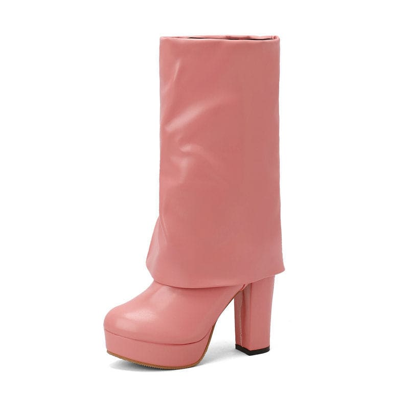 Pink leather high-heeled boot with a wide folded cuff and platform sole.