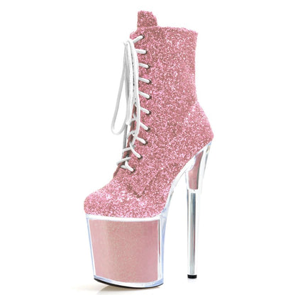 High Heel Glittered Lace Up Platform Dancer Boots Pink A / 5