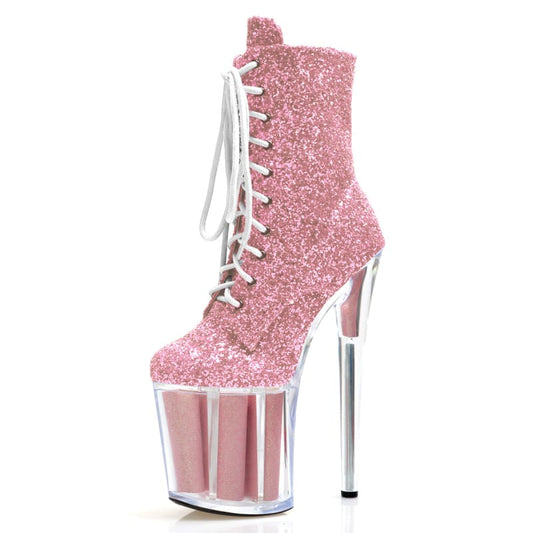 High Heel Glittered Lace Up Platform Dancer Boots Pink B / 5