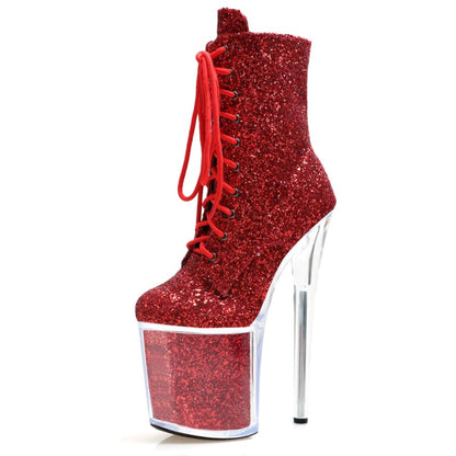 High Heel Glittered Lace Up Platform Dancer Boots Red A / 5