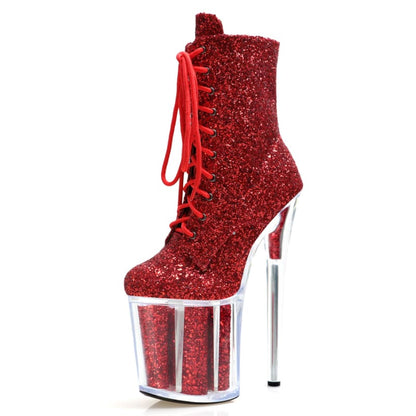 High Heel Glittered Lace Up Platform Dancer Boots Red B / 5