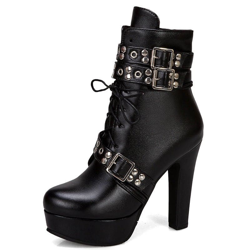 Black leather high-heeled ankle boot with buckled straps and laces.