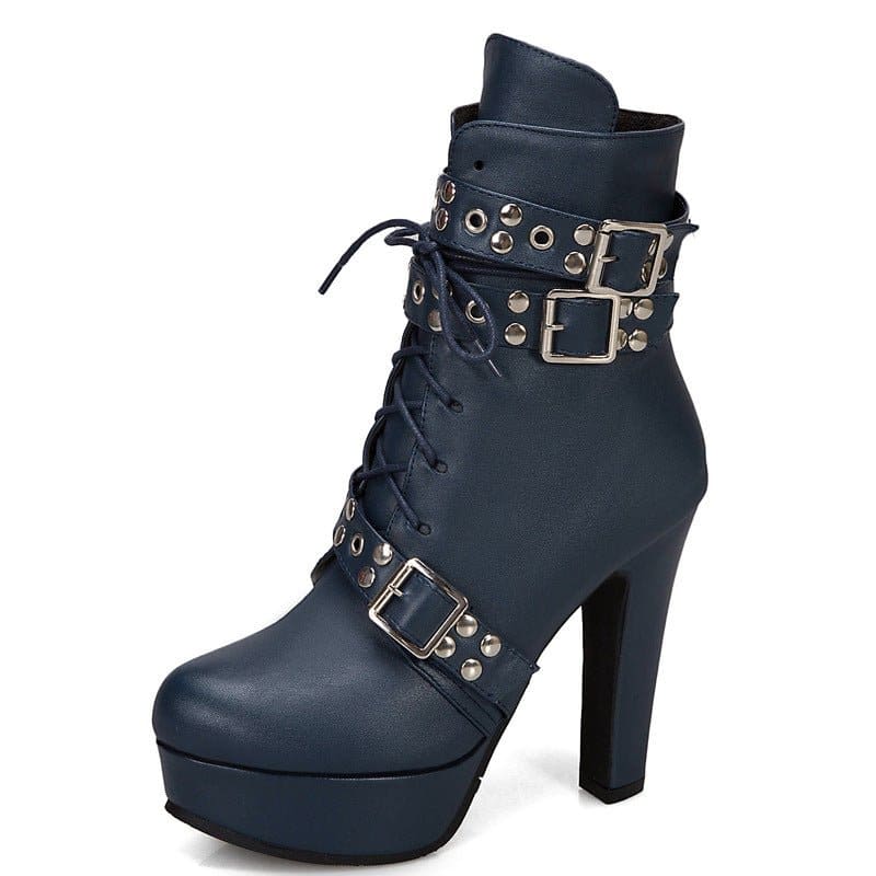 Navy blue high-heeled ankle boot with buckles, studs, and laces on a platform sole.