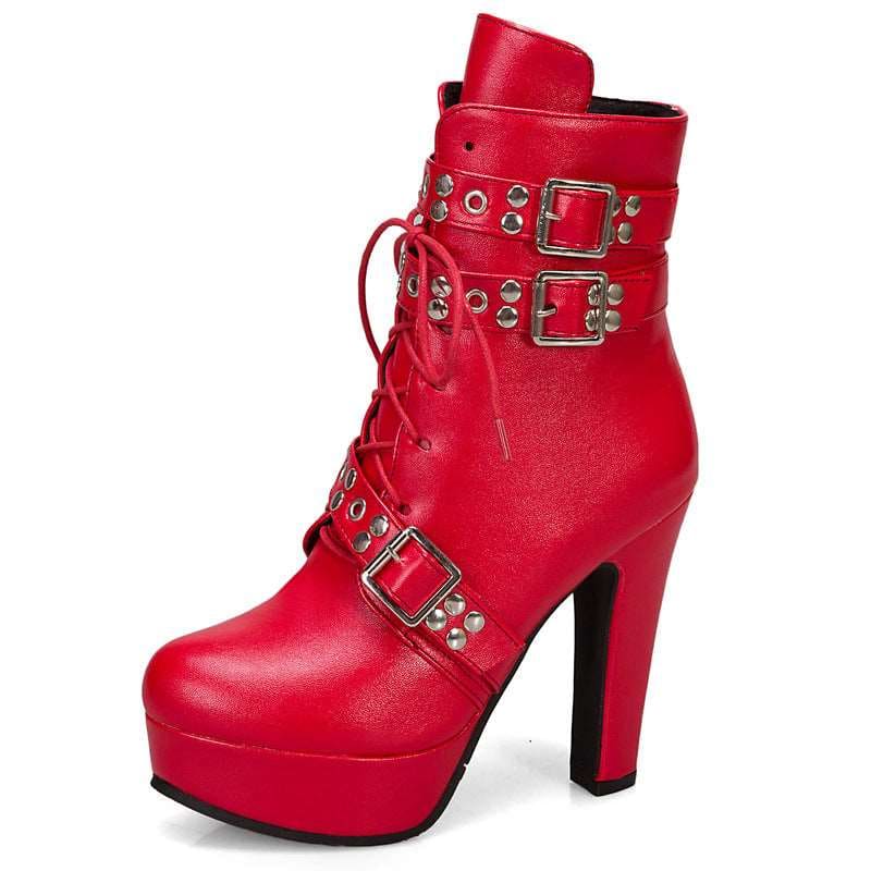 Red high-heeled ankle boot with buckles and laces.