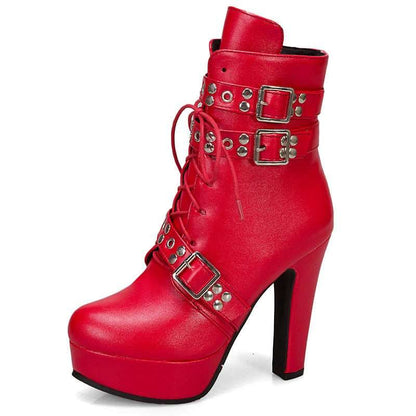 Red high-heeled ankle boot with buckles and laces.