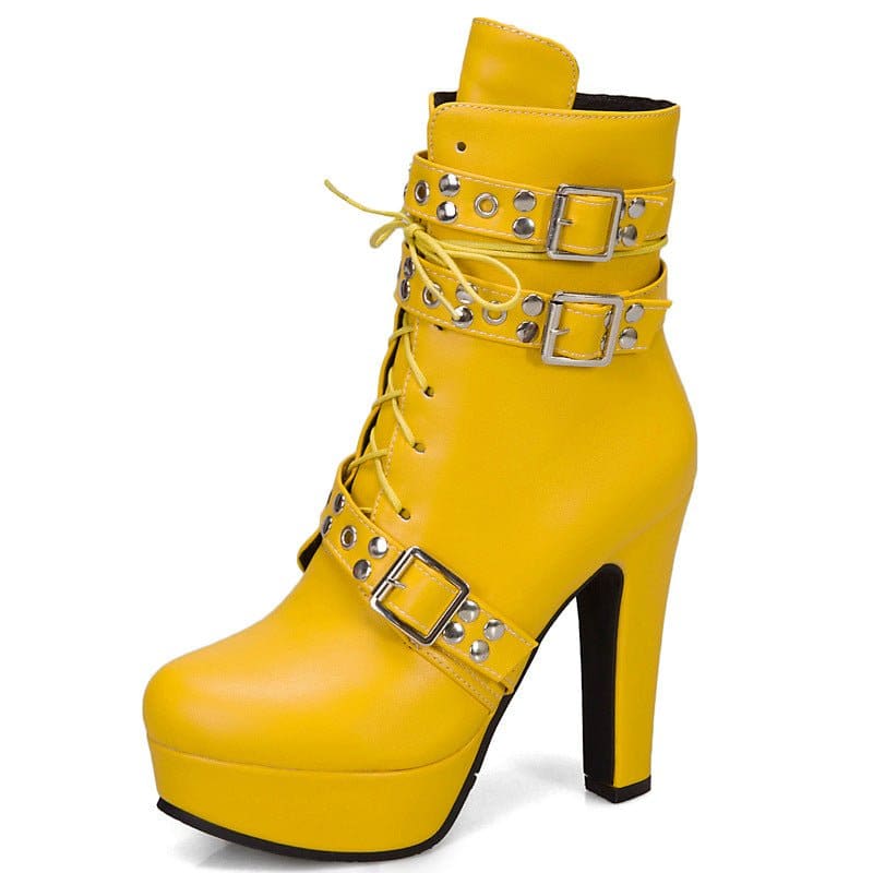 Bright yellow high-heeled ankle boot with buckles and laces.