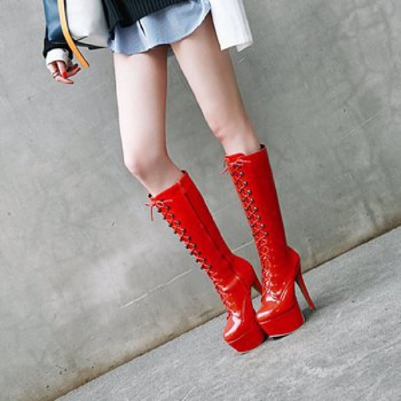 High Heel Lace Up Knee High Patent Platform Boots