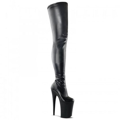 Extremely high-heeled black thigh-high platform boot with a stiletto heel.