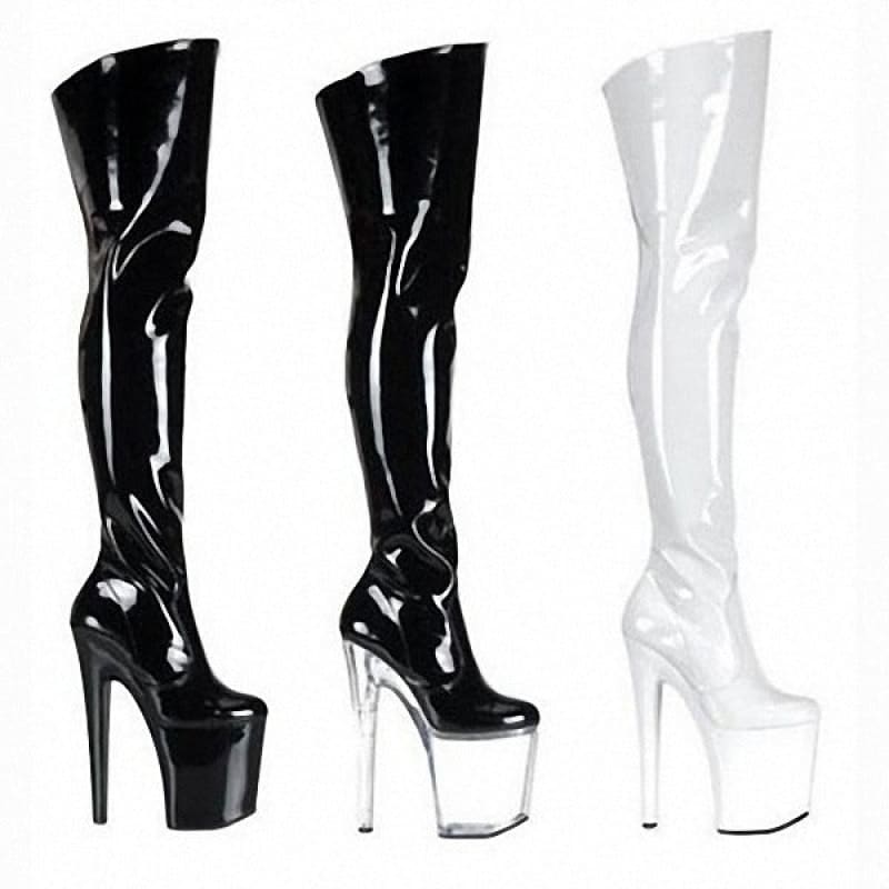 Over Knee, High Heel Patent Leather Boots With Transparent Heel - Pleasures and Sins   Pleasures and Sins