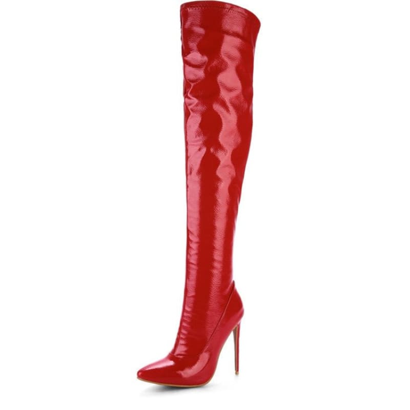 Shiny red thigh-high stiletto boot with a pointed toe.