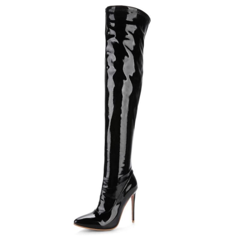 Shiny black patent leather thigh-high stiletto boot.