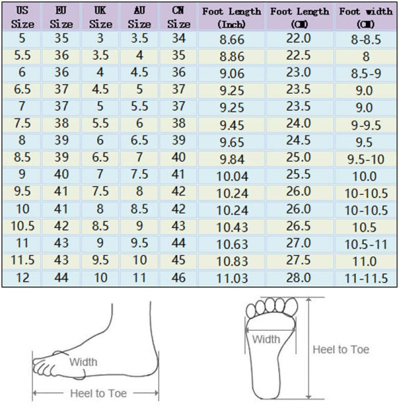 Shoe size conversion chart with foot measurements.