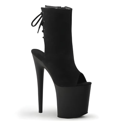 Black high-heeled platform boot with an open toe and lace-up front.