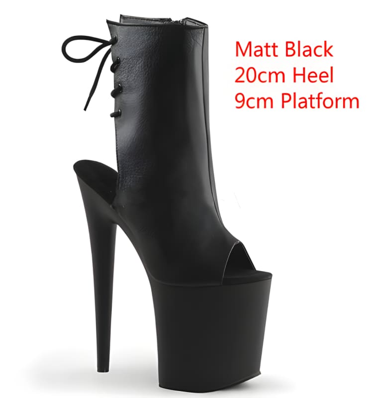 Extremely high-heeled black platform boot with an open toe and lace-up back.