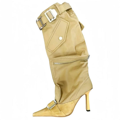 High Heel Pointed Toe Knee Length Women’s Boots khaki / 34