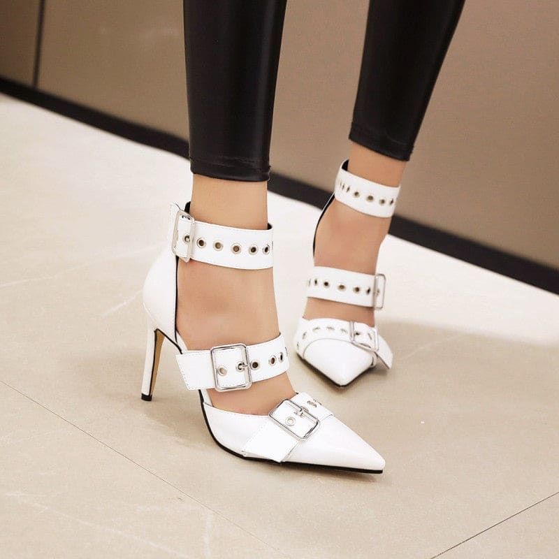 High Heel Pointed Toe Metal Buckle Ankle Strap Sandals - Pleasures and Sins