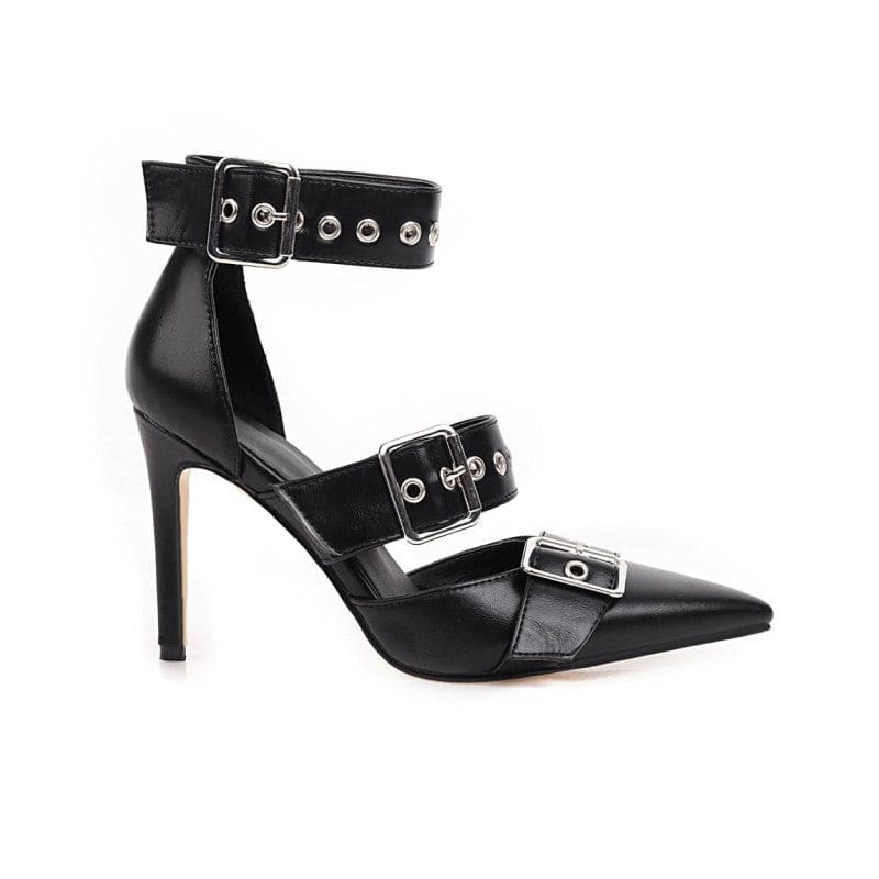 Black leather high-heeled pump with multiple buckled straps and metal eyelets.