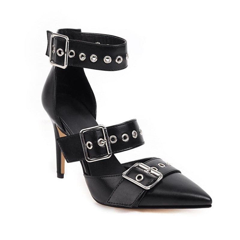 Black leather high-heeled shoe with multiple buckled straps and metal studs.