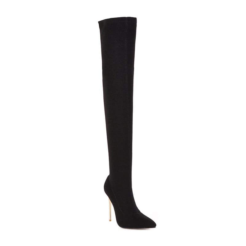 Black thigh-high stiletto boot with a pointed toe and slim heel.