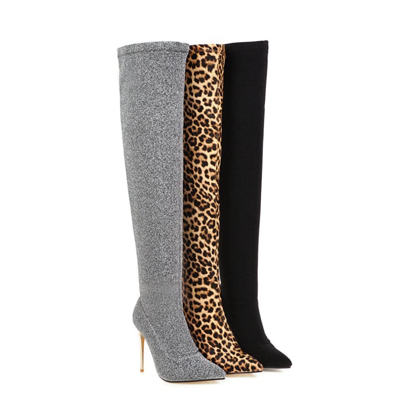 Three knee-high boots in different patterns: gray, leopard print, and black.