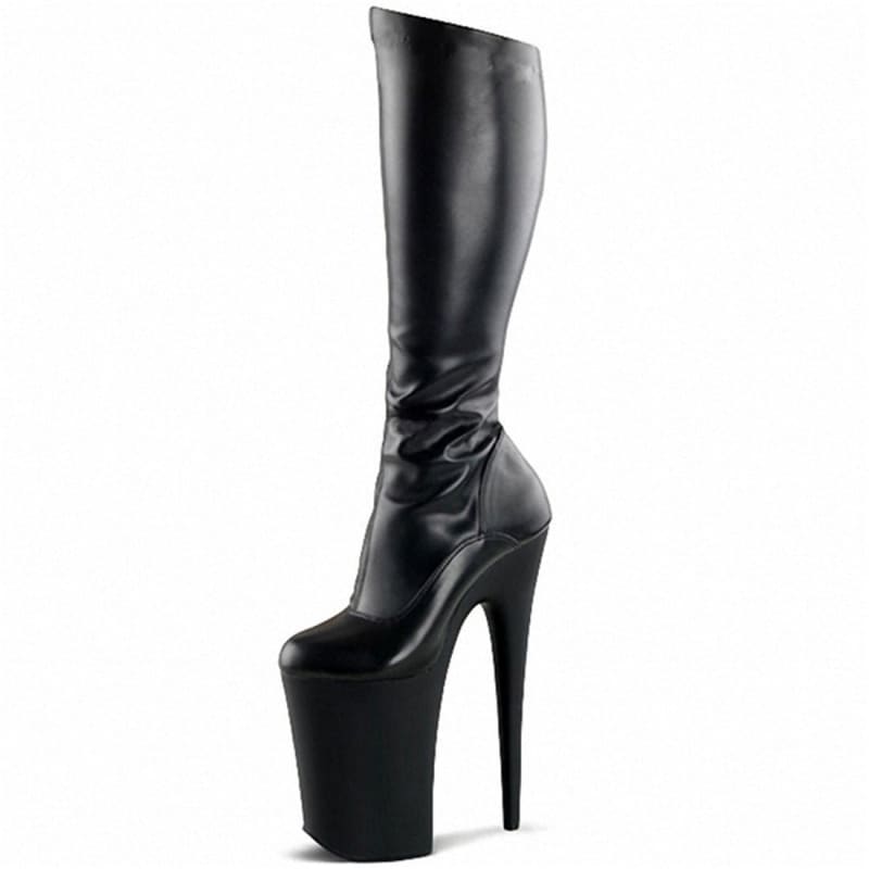 Black leather knee-high platform boot with an extremely high stiletto heel.