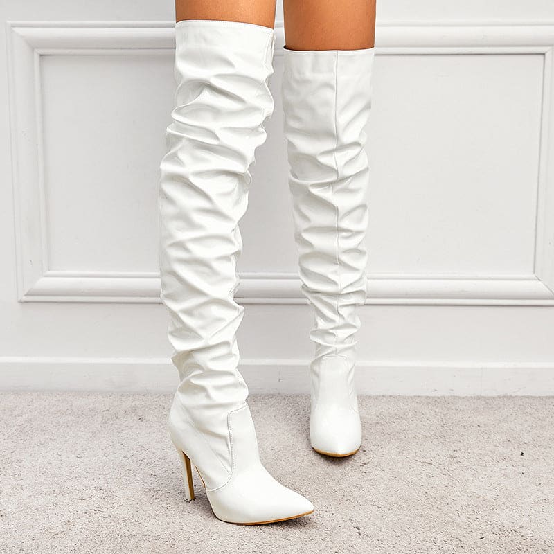 High Heel Ruffled Design Knee Length Patent Boots - White
