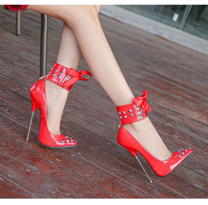 High Heel Studded Ankle Cuffed Ribon Design Shoes Red / 35