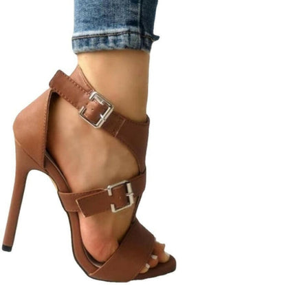 High Heel Summer Thick Heel Buckle Sandals in Black