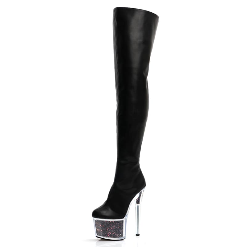 High Heel Thigh Boots with Glitter Filled Platform Black