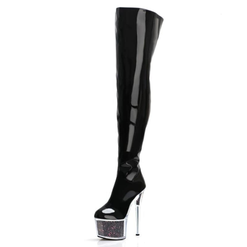 High Heel Thigh Boots with Glitter Filled Platform Black