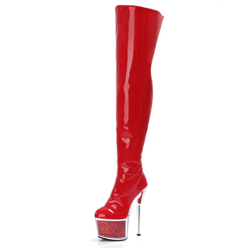 High Heel Thigh Boots with Glitter Filled Platform Red / 5