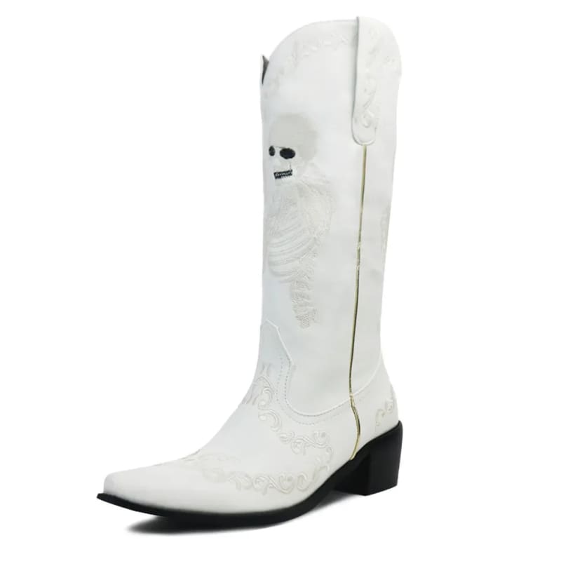 White leather cowboy boot with a pointed toe and low heel.