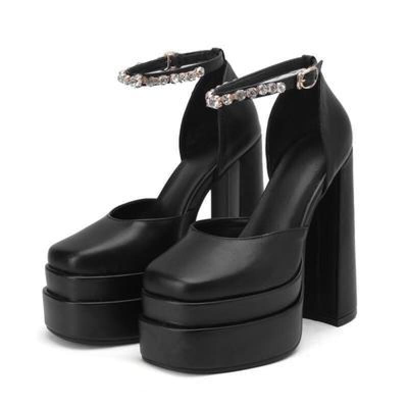High-heeled Double-layer Water Platform Satin Square Toe Hollow Ladies Toe Sandals Rhinestones - Pleasures and Sins
