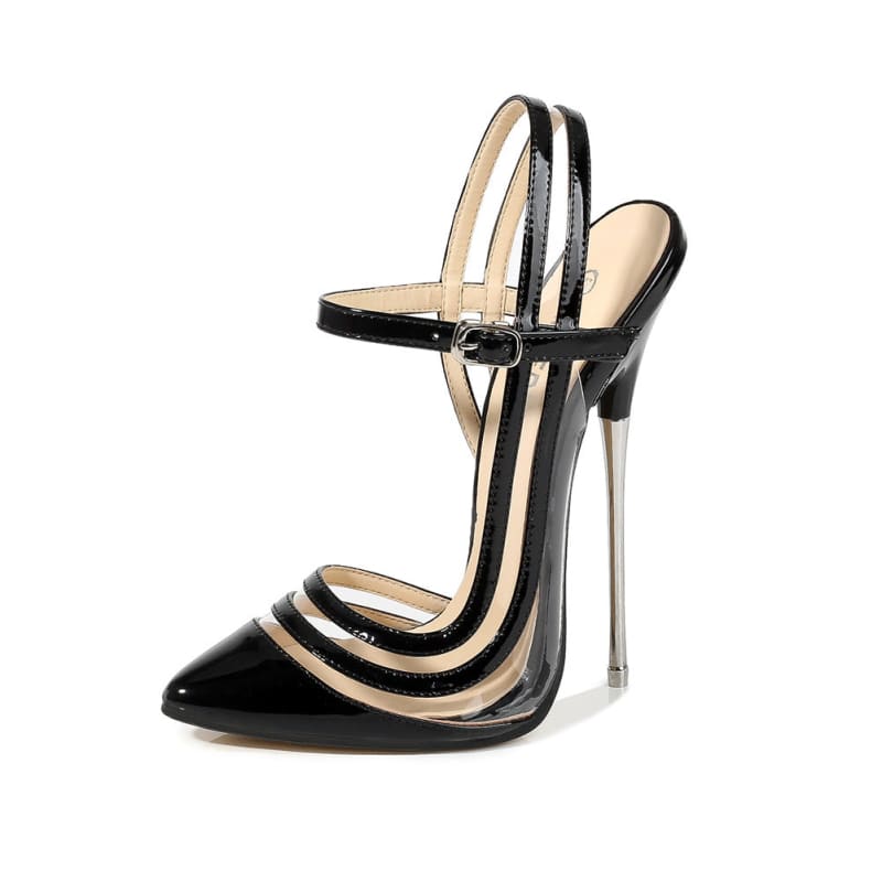 High-heeled sandal with black and transparent straps and a metallic stiletto heel.