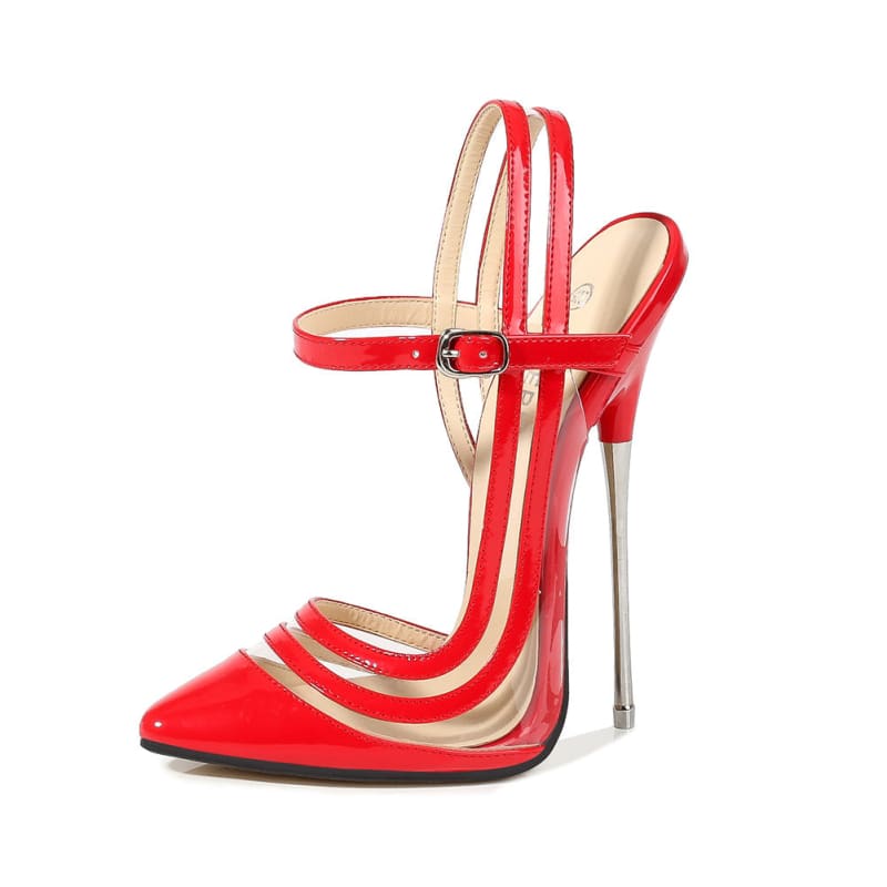 Red and beige striped high-heeled sandal with an ankle strap and metallic stiletto heel.