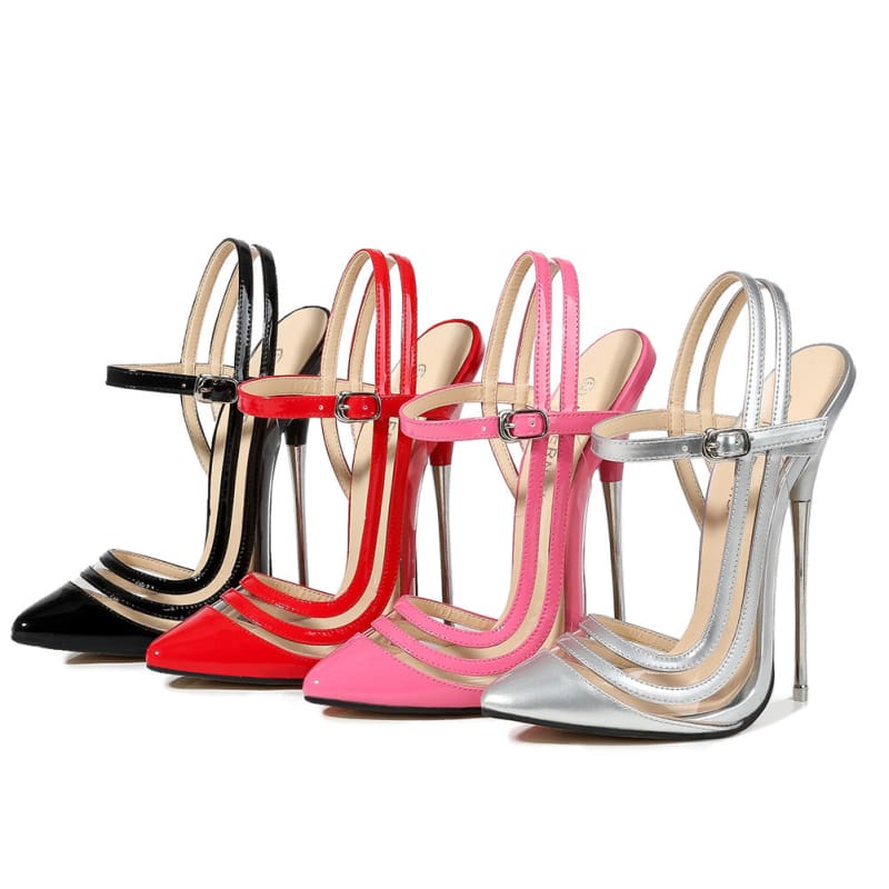 Four pairs of high-heeled sandals in different colors: black, red, pink, and silver.