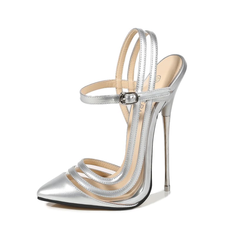 Silver metallic high-heeled sandal with multiple thin straps and a pointed toe.