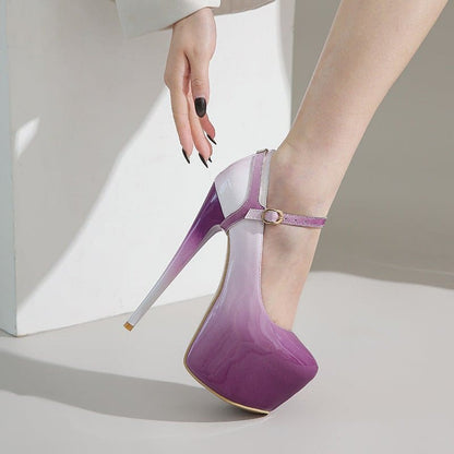 Purple ombré high heel platform shoe with an ankle strap.