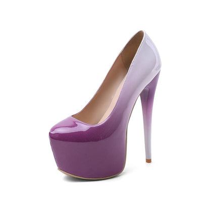 High-heeled platform pump with a purple ombre gradient from toe to heel.