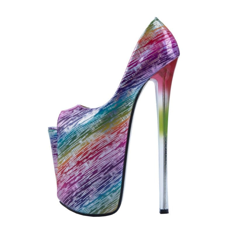 Extremely high-heeled platform shoe with a multicolored, iridescent pattern.