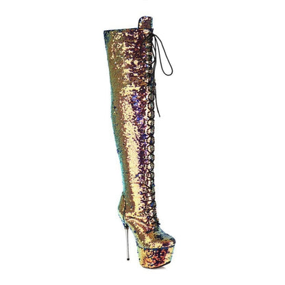 Thigh-high sequined platform boot with a stiletto heel and lace-up front.